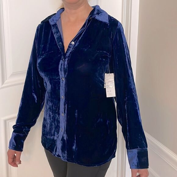 HANNA G. DESIGNED BY ARLEEN BOWMAN. RICH BLUE VELVET BUTTON BLOUSE. NEW… - Picture 1 of 13